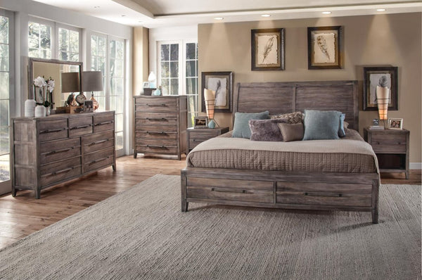 American Woodcrafters Aurora King Sleigh Bed with Storage Footboard in Weathered Grey
