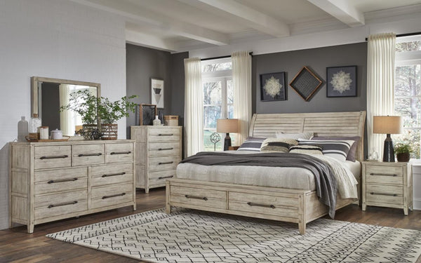 American Woodcrafters Complete Queen Bedroom Set Sleigh Bed, Dresser, Mirror & Nightstand Whitewash Aurora