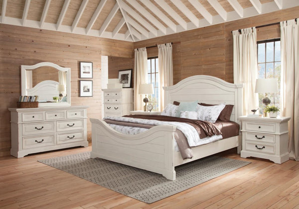 American Woodcrafters Complete Queen Bedroom Set Panel Bed, Dresser, Mirror, Chest & Nightstand Distressed Antique White Stonebrook