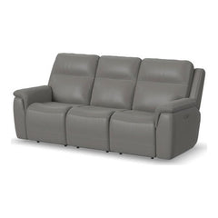 Flexsteel Sawyer Grey Leather Power Reclining Sofa with Power & Lumbar
