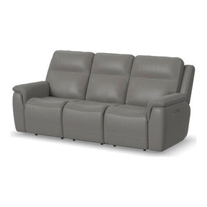 Flexsteel Sawyer Grey Leather Power Reclining Sofa with Power & Lumbar