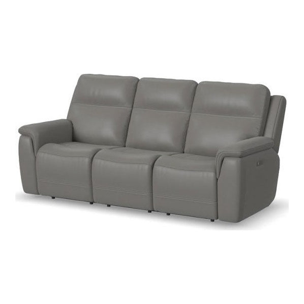 Flexsteel Sawyer Grey Leather Power Reclining Sofa with Power & Lumbar