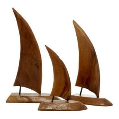 UMA Home Decor Brown Teak Wood Sail Boat Handmade Sculpture Set of 3 20" & 17" & 13"