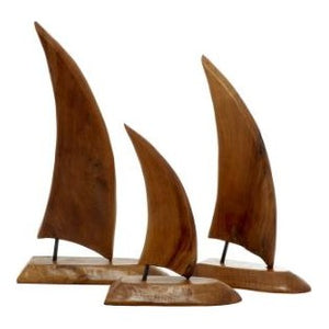 UMA Home Decor Brown Teak Wood Sail Boat Handmade Sculpture Set of 3 20" & 17" & 13"
