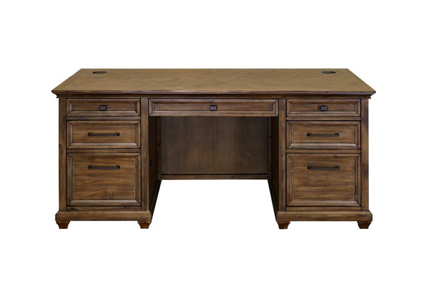 Martin Furniture Porter Natural Wood with Herringbone Pattern Double Pedestal Desk