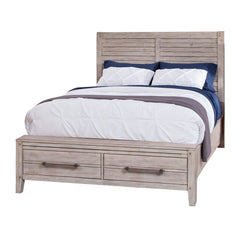 American Woodcrafters Aurora Whitewash 4-Piece Bedroom Set Queen Panel Bed with Storage Footboard Dresser Mirror & 1-Drawer Nightstand