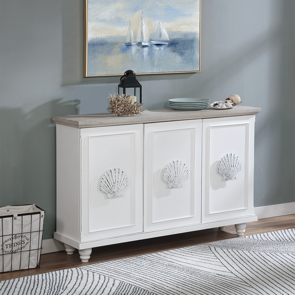 Madison Avenue Andros Cabinet with 3-Doors & Clamshell Drawer Pull in Antique White/French Gray Coastal Style