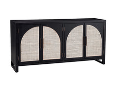 Bassett Mirror Boho Matte Black Oak with Natural Box Weave Cane Ashton 4-Door Server with 4 Shelves