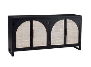 Bassett Mirror Boho Matte Black Oak with Natural Box Weave Cane Ashton 4-Door Server with 4 Shelves