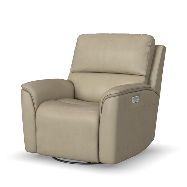 Flexsteel Henry Beige Leather Triple Power Swivel Glider Recliner with Heat + Massage