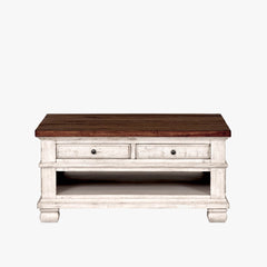 napa furniture belmont square coffee table in antique white/rich brown