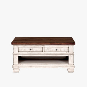 napa furniture belmont square coffee table in antique white/rich brown