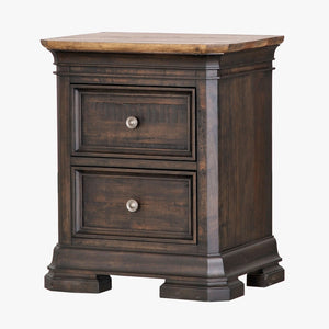 napa furniture grand louie 2-drawer small nightstand in rustic brown/distressed black