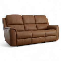 Flexsteel Harrison Leather Triple Power Reclining Sofa with Heat & Massage in Caramel