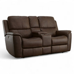Flexsteel Harrison Leather Triple Power Console Loveseat with Heat & Massage in Burnt Umber
