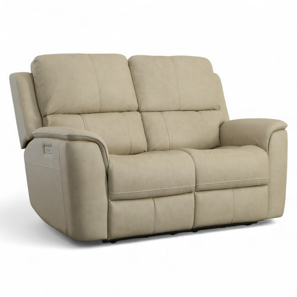Flexsteel Harrison Leather Triple Power Loveseat with Heat & Massage in Beige