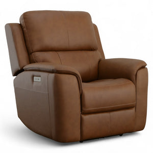 Flexsteel Harrison Leather Triple Power Recliner with Heat & Massage in Caramel