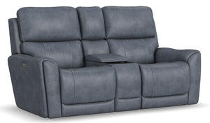 Flexsteel Carter Power Reclining Loveseat with Console, Power Headrests & Lumbar in Slate Fabric