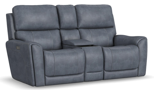 Flexsteel Carter Power Reclining Loveseat with Console, Power Headrests & Lumbar in Slate Fabric