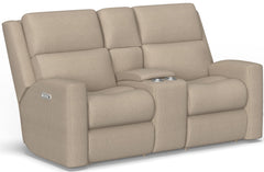 Flexsteel Score Zero Gravity Fabric Power Reclining Console Loveseat with Power Headrests & Lumbar in Sand
