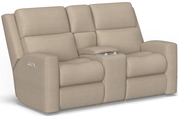 Flexsteel Score Zero Gravity Fabric Power Reclining Console Loveseat with Power Headrests & Lumbar in Sand