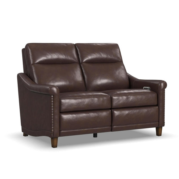 Flexsteel Elizabeth Leather Power Reclining Loveseat with Power Headrest in Brunette