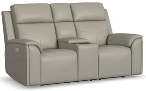 Flexsteel Vernon Triple Power Dove Grey Fabric Console Loveseat with Power Headrest, Lumbar, Heat & Massage