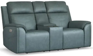 Flexsteel Vernon Triple Power Admiral Blue Fabric Console Loveseat with Power Headrest, Lumbar, Heat & Massage