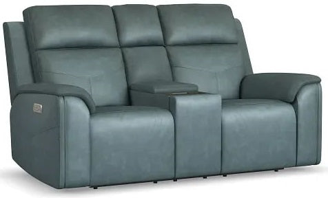 Flexsteel Vernon Triple Power Admiral Blue Fabric Console Loveseat with Power Headrest, Lumbar, Heat & Massage
