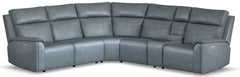Flexsteel Vernon 6-Piece Triple Power Admiral Blue Fabric Sectional with Power Headrest, Lumbar, Heat & Massage