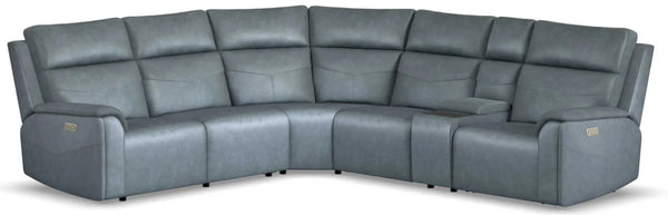 Flexsteel Vernon 6-Piece Triple Power Admiral Blue Fabric Sectional with Power Headrest, Lumbar, Heat & Massage