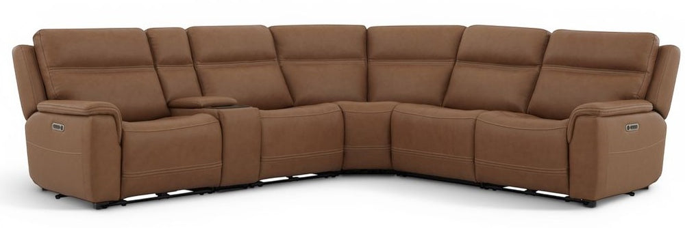 Flexsteel Sawyer Harvest Brown Leather Power Reclining Sectional with Power Headrests & Lumbar