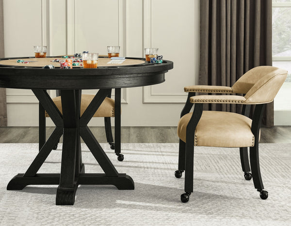 Steve Silver Rylie Dining Table With Game Top & 4 Captains Chairs In Black Finish With Sand Faux-Leather