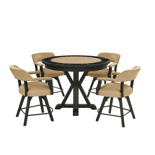 Steve Silver Rylie Counter-Height Table With Game Top & 4 Chairs In Black Finish With Sand Faux-Leather