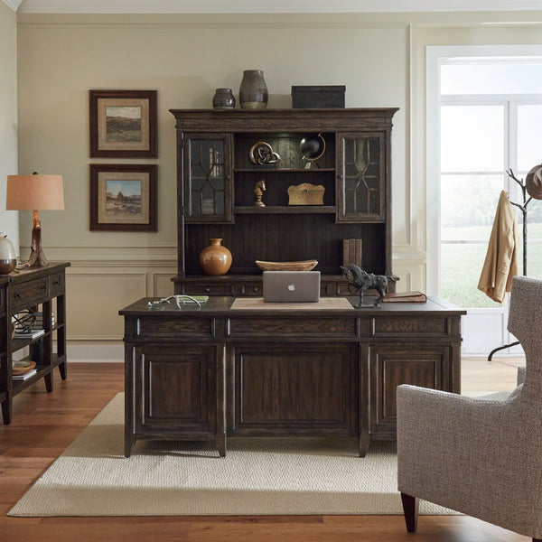 Liberty Furniture Paradise Valley Saddle Brown 5-Piece Executive Desk, Credenza & Hutch Set