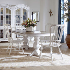 Liberty Furniture Magnolia Manor Antique White & Weathered Bark 5-Piece Double Pedestal Dining Table & 4 Windsor Back Side Chairs Set