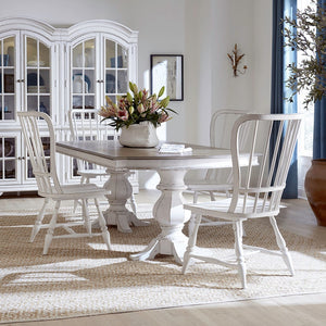 Liberty Furniture Magnolia Manor Antique White & Weathered Bark 5-Piece Double Pedestal Dining Table & 4 Windsor Back Side Chairs Set