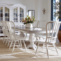 Liberty Furniture Magnolia Manor Antique White & Weathered Bark 9-Piece Double Pedestal Table & 8 Windsor Back Side Chairs Set