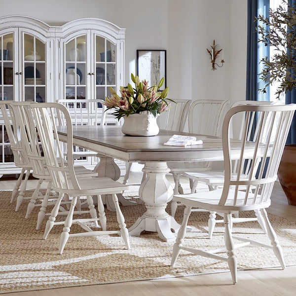 Liberty Furniture Magnolia Manor Antique White & Weathered Bark 9-Piece Double Pedestal Table & 8 Windsor Back Side Chairs Set
