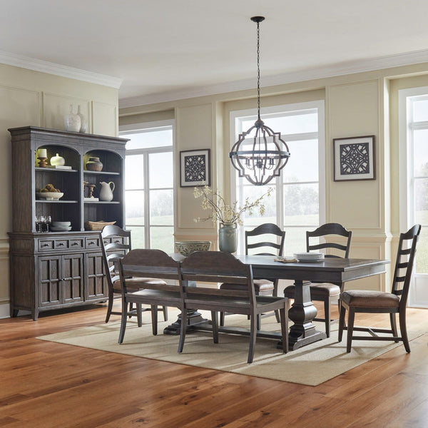 Liberty Furniture Paradise Valley Saddle Brown 6-Piece Trestle Table, 4 Leather LikeUpholstered Ladder Back Side Chairs, & Ladder Back Bench Set
