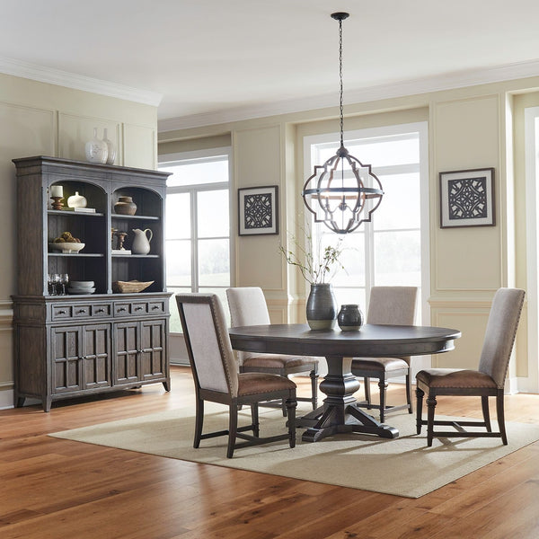 Liberty Furniture Paradise Valley Saddle Brown 5-Piece Pedestal Table & 4 Leather Like Upholstered Side Chairs Set