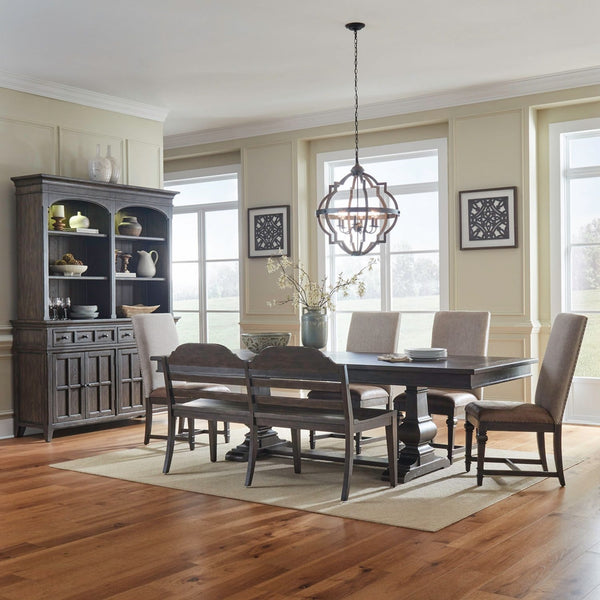 Liberty Furniture Paradise Valley Saddle Brown 6-Piece Trestle Table, 4 Leather Like Upholstered Side Chairs, & Ladder Back Bench Set