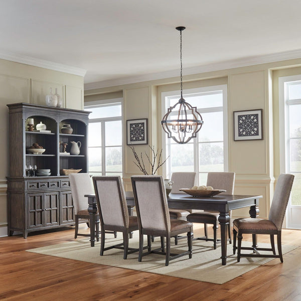 Liberty Furniture Paradise Valley Saddle Brown 7-Piece Rectangular Leg Table & 6 Leather Like Upholstered Side Chairs Set