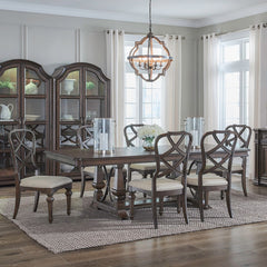 Liberty Furniture Provence Park Chateau Brown 7-Piece Trestle Table & 6 Upholstered Wood Back Side Chairs Set