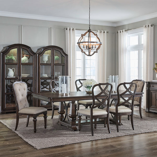 Liberty Furniture Provence Park Chateau Brown 7-Piece Trestle Table, 2 Upholstered Side Chairs & 4 Wood Back Side Chairs Set