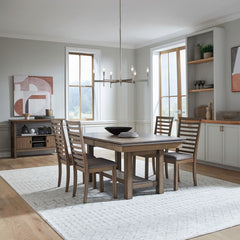Liberty Furniture Brook Bay Sandstone 5-Piece Casual Dining Trestle Table Set with Upholstered Ladder Back Side Chairs
