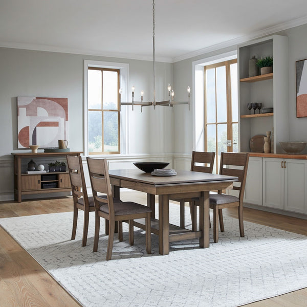Liberty Furniture Brook Bay Sandstone 5-Piece Casual Dining Trestle Table Set with Upholstered Chairs