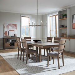 Liberty Furniture Brook Bay Sandstone 7-Piece Casual Dining Trestle Table, 6 Upholstered Slat Back Side Chairs Set