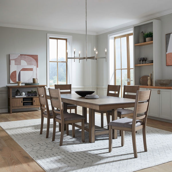 Liberty Furniture Brook Bay Sandstone 7-Piece Casual Dining Trestle Table, 6 Upholstered Slat Back Side Chairs Set