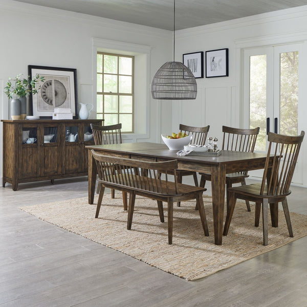 Liberty Furniture Midland Falls Rustic Brown 6-Piece Casual Dining Rectangular Leg Table, 4 Spindle Back Chairs & Bench Set